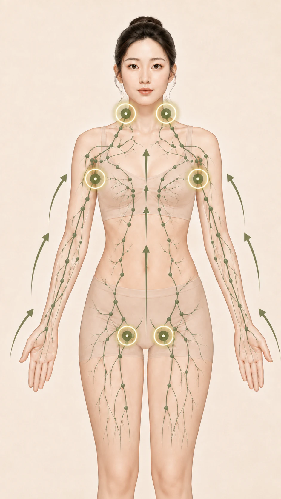 Lymphatic drainage diagram showing the neck, axilla, and groin target zones with directional flow arrows