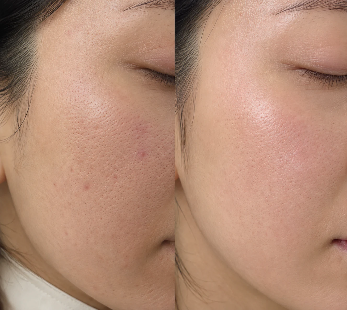 Before and after comparison of cheek pores, redness and texture following the NanoHydro Glow Treatment